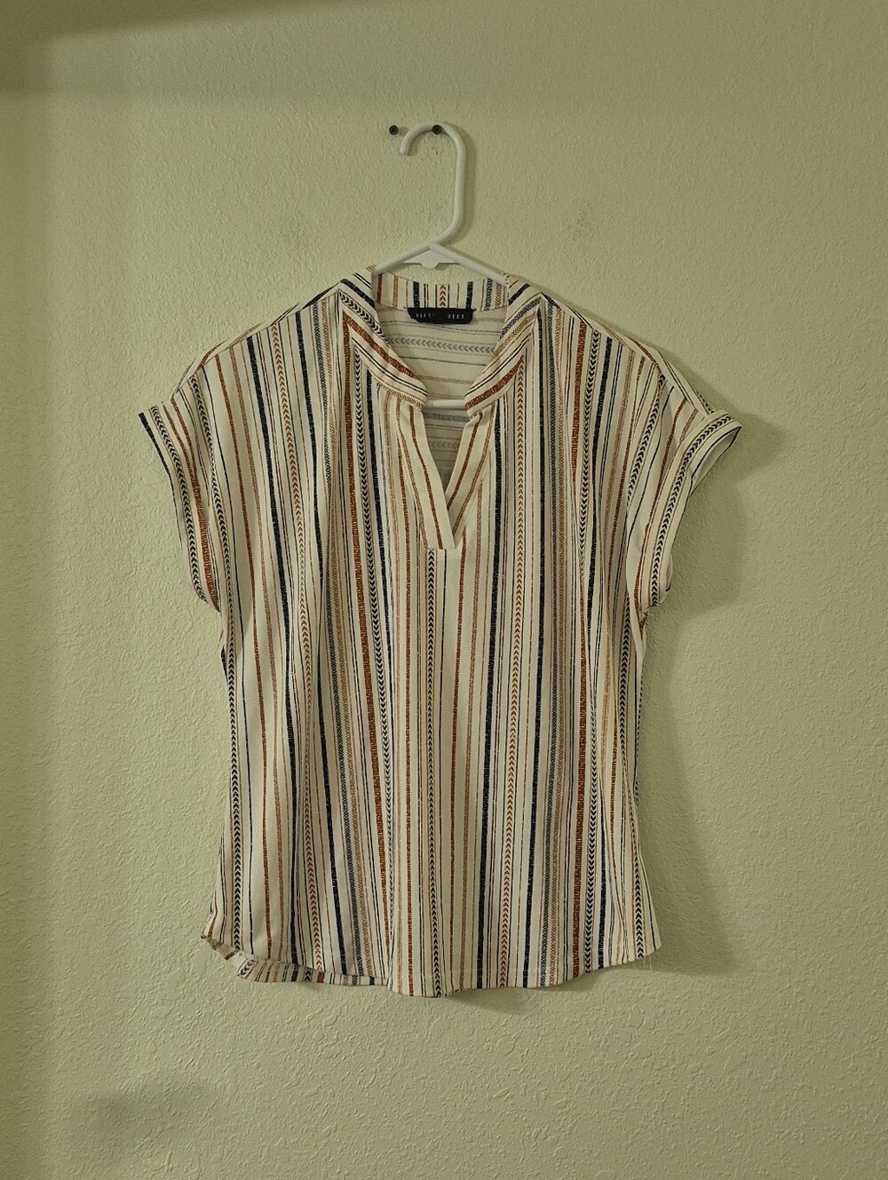 Casual Split-Neck Striped Blouse in Cream and Navy